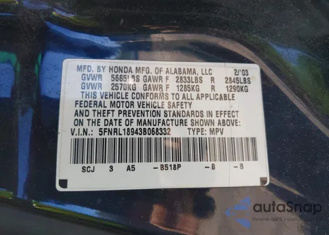 2003 Honda Odyssey Ex-L from USA, damaged, VIN 5FNRL18943B068332